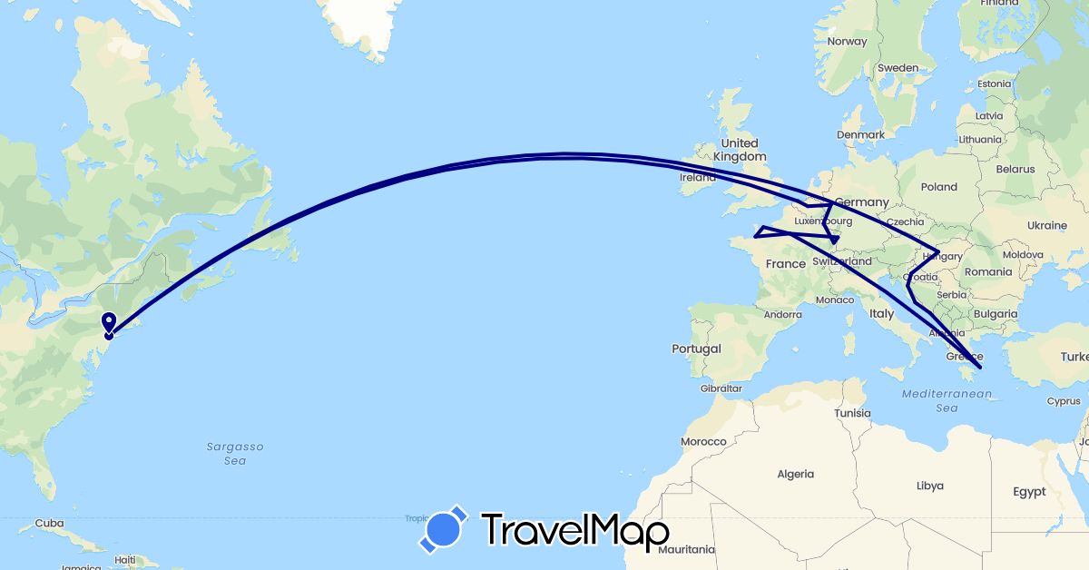TravelMap itinerary: driving in Belgium, Germany, France, Greece, Croatia, Hungary, Ireland, Luxembourg, United States (Europe, North America)